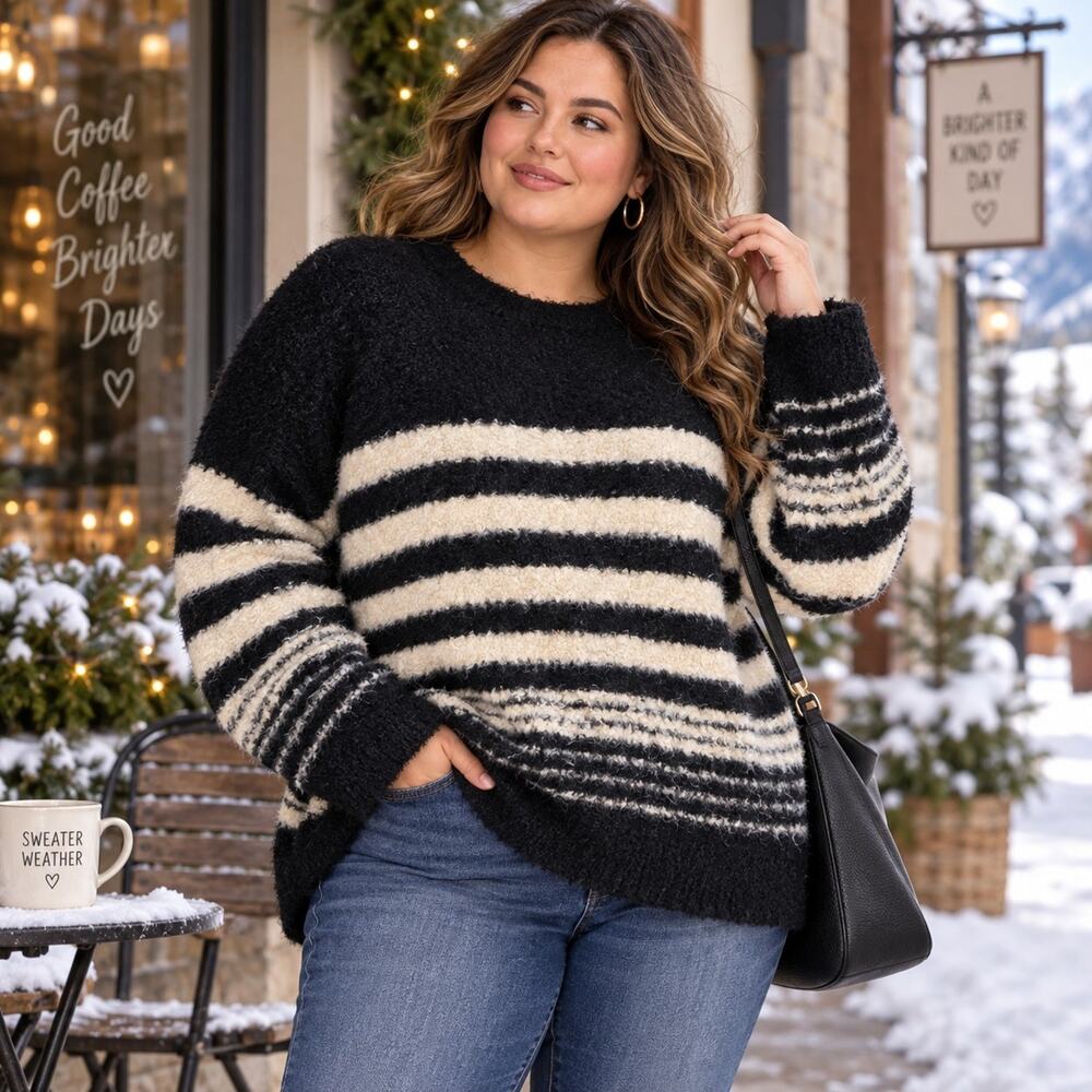 Universal Thread Women’s XXL Black Cream Boucle Stripe Crewneck Sweater NWT